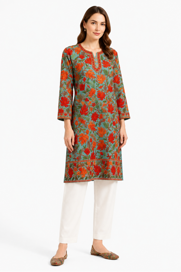 Noor : Chinar Embroidery Summer Kurti | Green Georgette